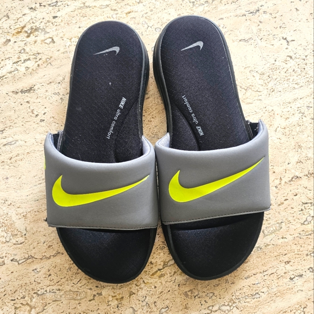 NWOT Nike Black and Gray Slides with Neon Green Swoosh